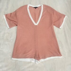 Pink V-Neck Textured Romper with White Trim Beach/ Swim Cover